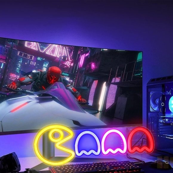 Neon Retro Pac Man LED Gamer Man Cave Cartoon Teen/Boys Room Wall Light Decor - Picture 3 of 6